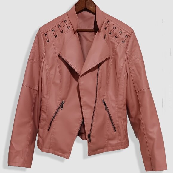 Peachy Pink Vegan Leather Moto Jacket - Picture 1 of 10